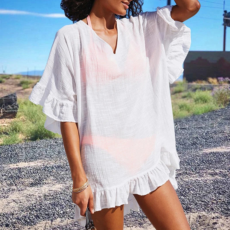 

2022 Summer White Tunic Bikini Cover-ups Cotton Sexy Beach Wear Holiday Swim Suit Ruffles Cover Up Shirt Causal Loose Women Tops