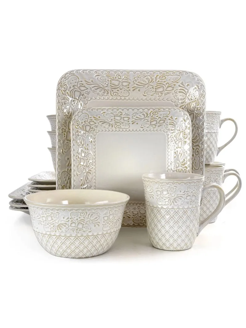 Elama Ivory Lotus 16 Pieces Square Dinnerware Set