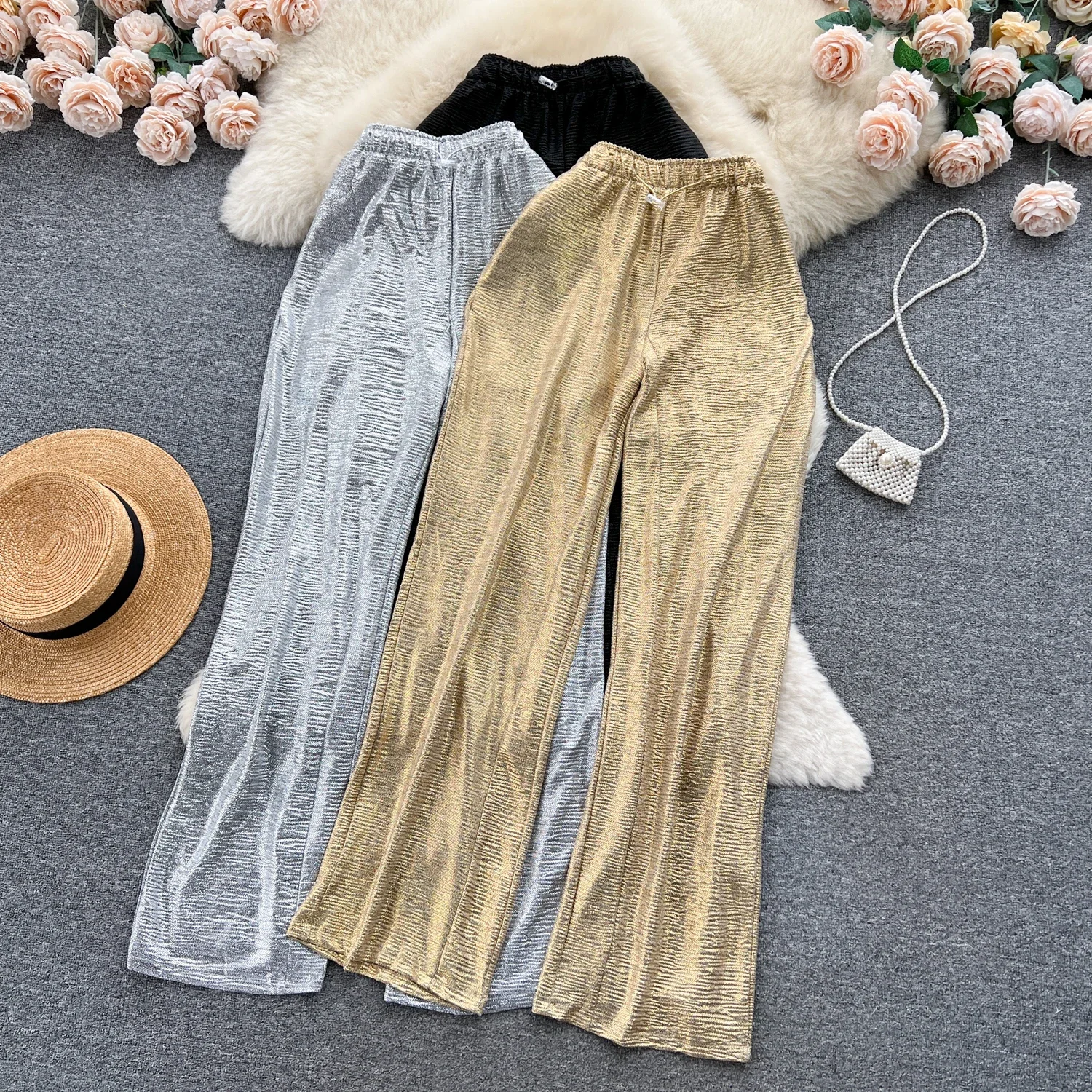 

Женские брюки с высокой талией, однотонные Блестящие Брюки с широкими штанинами, корейская мода, элегантная повседневная винтажная Осенняя уличная одежда