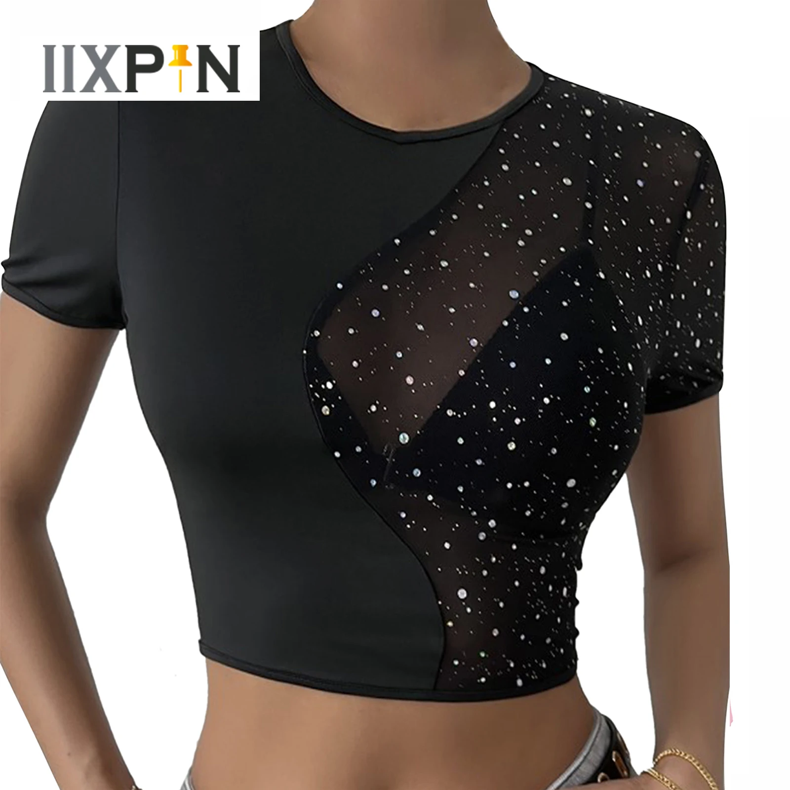 

Womens Ballet Gymnastic Leotard Patchwork T-shirt See-through Mesh Short Sleeve Round Neck Crop Top Jazz Dance Party Clubwear