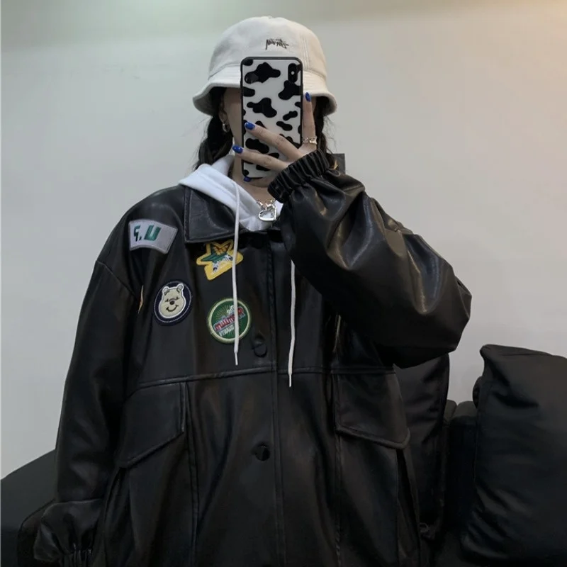 Leather Coat Women's Couple Jacket 2022 Autumn And Winter Ins Embroidered Logo New PU Lovers' Loose Long Sleeve Bomber Coat