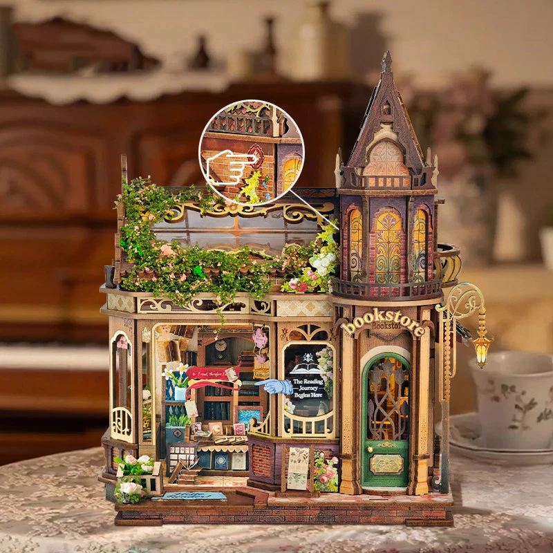 Фото Набор для сборки миниатюрной деревянной модели DIY: 3D-пазл «Библиотечный домик с цветочным узором» с мебелью, подарок друзьям на день рождения №4