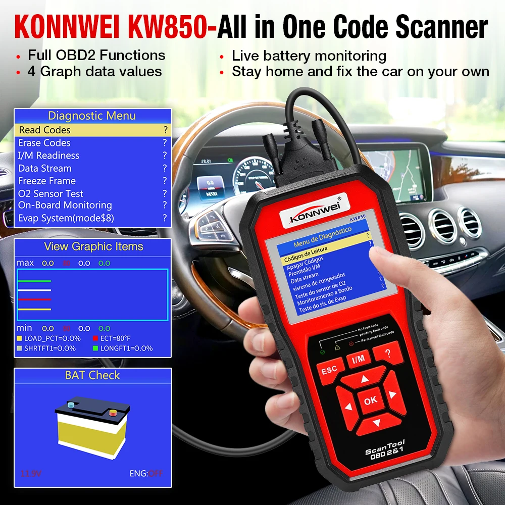 KONNWEI KW850 obd2 сканер Многоязычный Полный OBD 2 функциональный автомобильный
