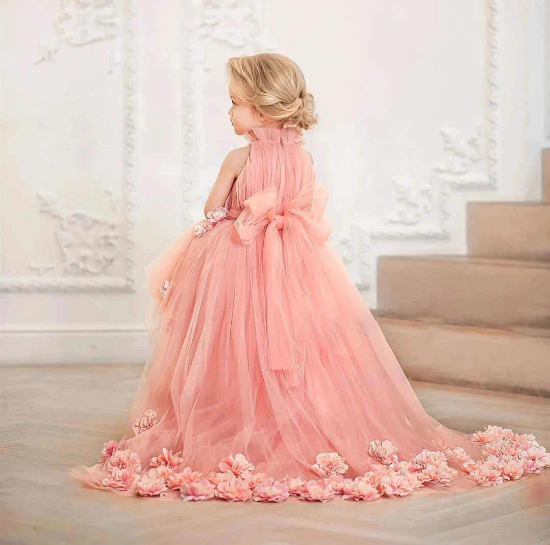 

Peach Pink Fashion Toddler Princess Flower Girl Dresses Bow Pleat Communion Birthday Pageant Robe De Demoiselle