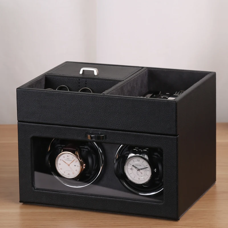 Double Head Vertical Automatic Watch Winders Box with Bule LED Light Luxury Rotating Display Jewelry Watch Sundry Storage Box