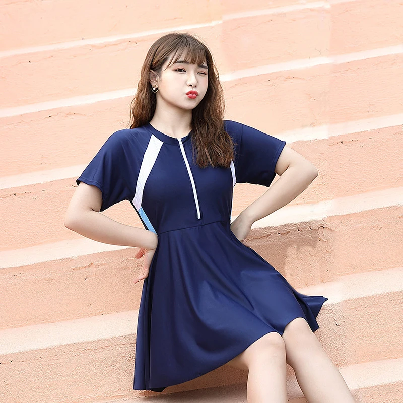 Swimwear Women Plus Size Swimsuit Skirt Set Korea Style Conservative Bathing Suits Front Zipper Swimming Dress Badpak Dames 9XL