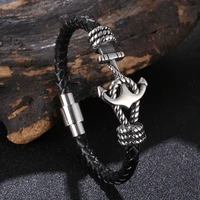 new stainless steel anchor bracelet mens jewelry punk black woven genuine leather bracelet charm vintage gifts bb1247
