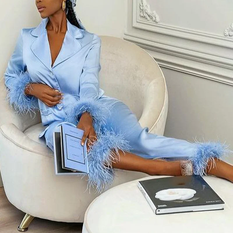 Весенний женский домашний костюм с мягкими перьями топ на пуговицах облегающие
