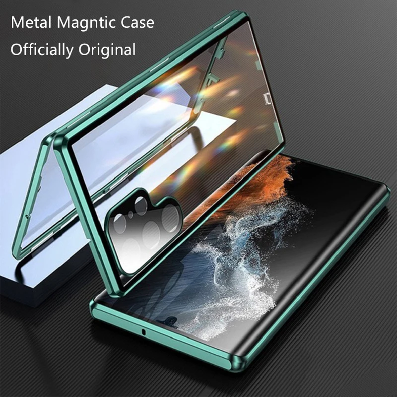 Magnetic Adsorption Metal Snap Lock Case For Samsung Galaxy S23 S22 S21 UItra Plus Double Sided Glass Camera Lens Protect Cover