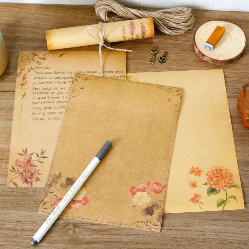 

8Pcs/Set Kraft Brown Letter Paper Vintage Flower Design Letterhead Letter Writing Paper Letter Pad Drawing Sketch Pad Stationery