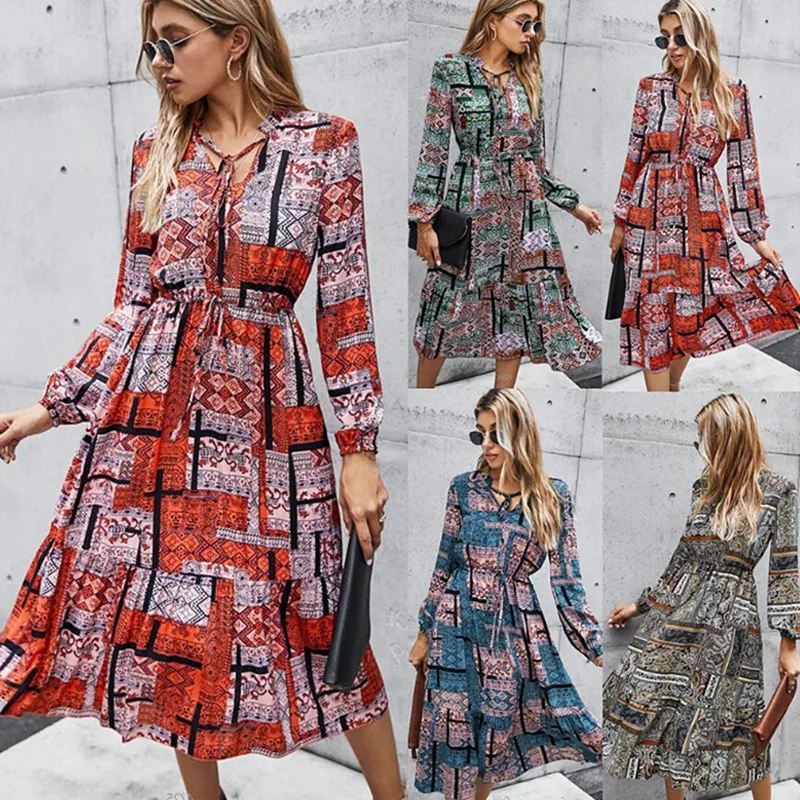 

ASDS-High Street A-Line Dress Women Autumn Contrast Color Printed Dress Female Vintage Dress Clothing
