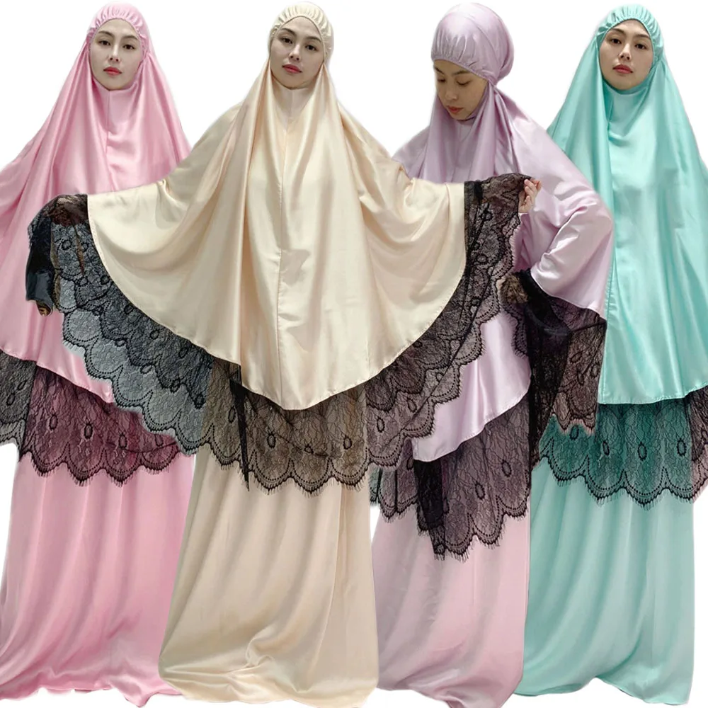 طقم قطعتين من ملابس الصلاة فستان من الدانتيل للنساء المسلمات عباية علوية للحجاب طويل كيمار رمضان تنورة مجموعات ملابس إسلامية النقاب