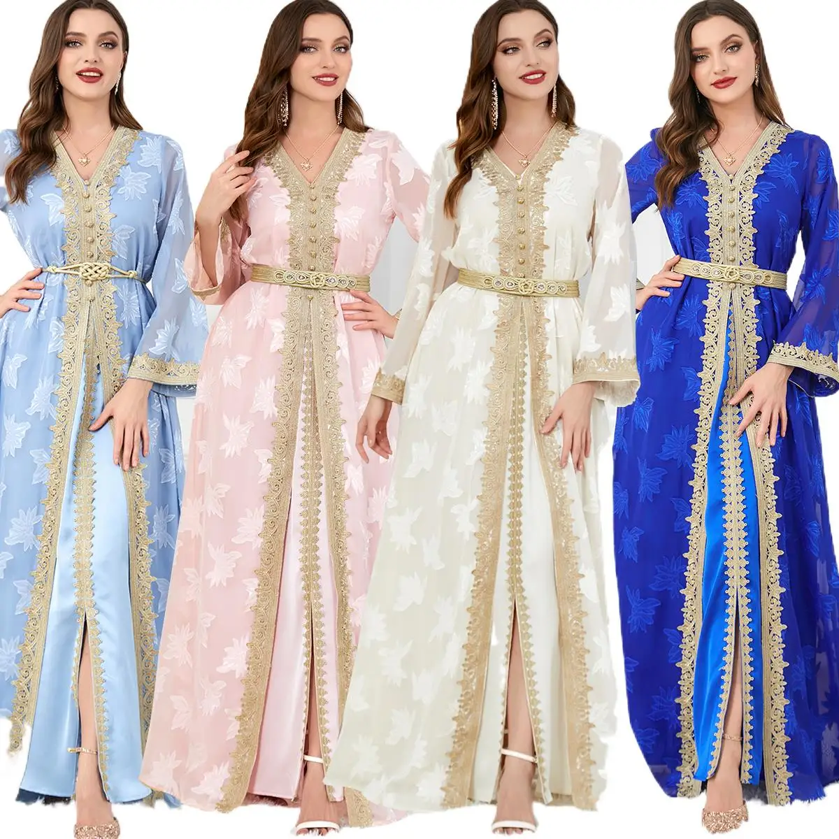 

Elegant Casual Women's Dresses Abayas For Women Muslim 2 Pieces Set Floral Embroidery Guipure Lace Insert Belted Kaftan