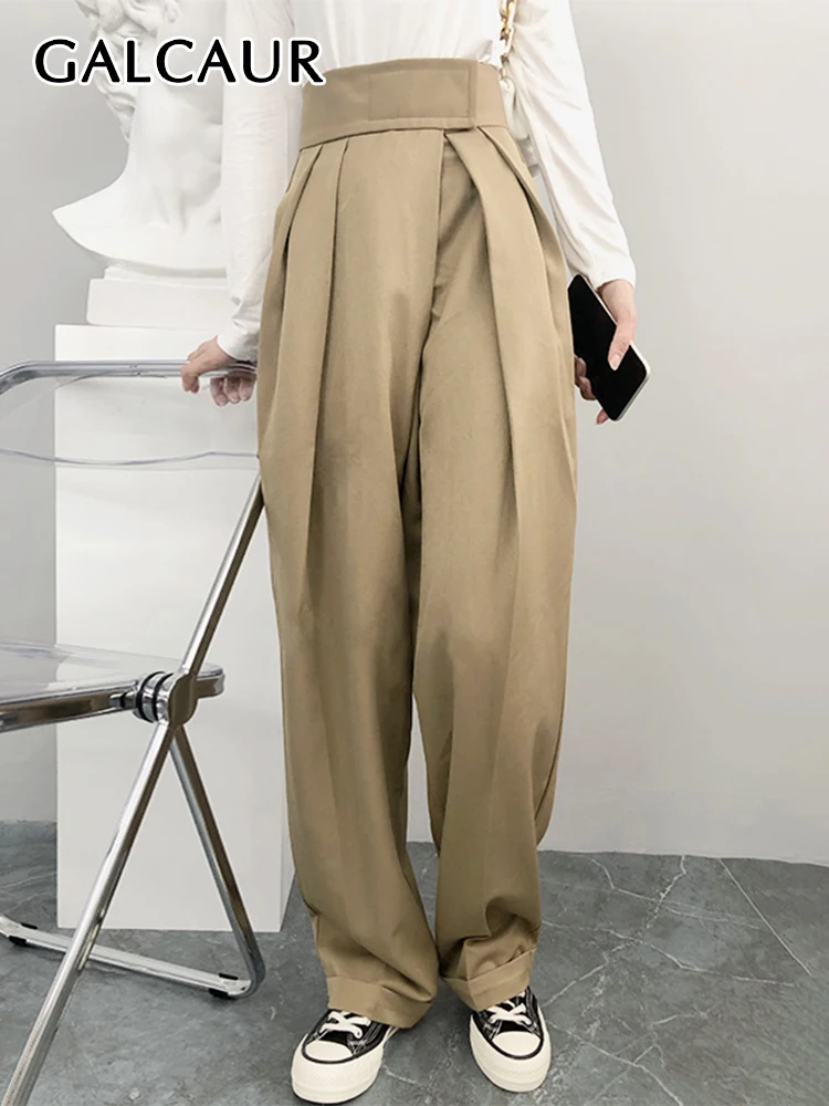 GALCAUR Streetwear Wide Leg Pants For Women High Waist Loose Patchwork Ruched Long Trousers Female Autumn Clothing 2022 Fashion