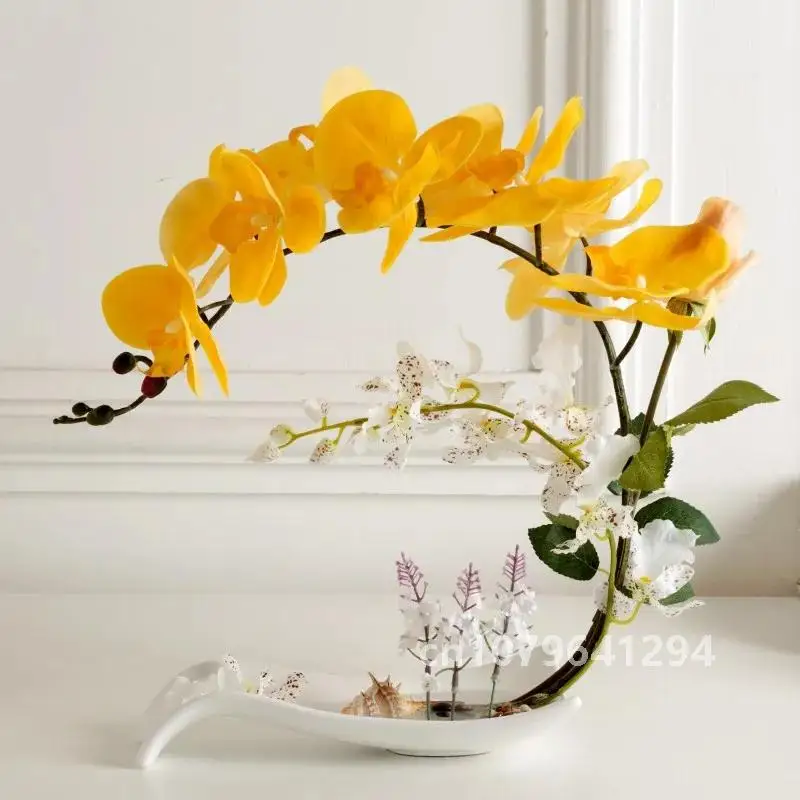 Butterfly Orchid Artificial Flowers Set Fake Flower Ceramic Vase Ornament Phalaenopsis Figurine Home Furnishing Decoration Craft
