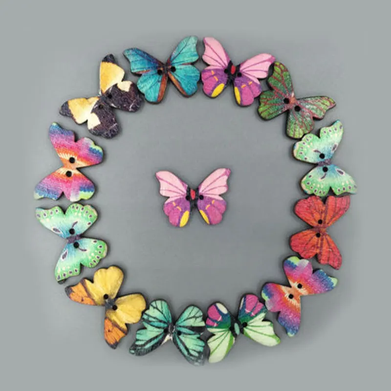 

50Pcs 28mm Mixed Color Big Hole One Side Butterfly Wood Beads For Jewelry Making Sewing Wooden Buttons For Needlework Scrapbook