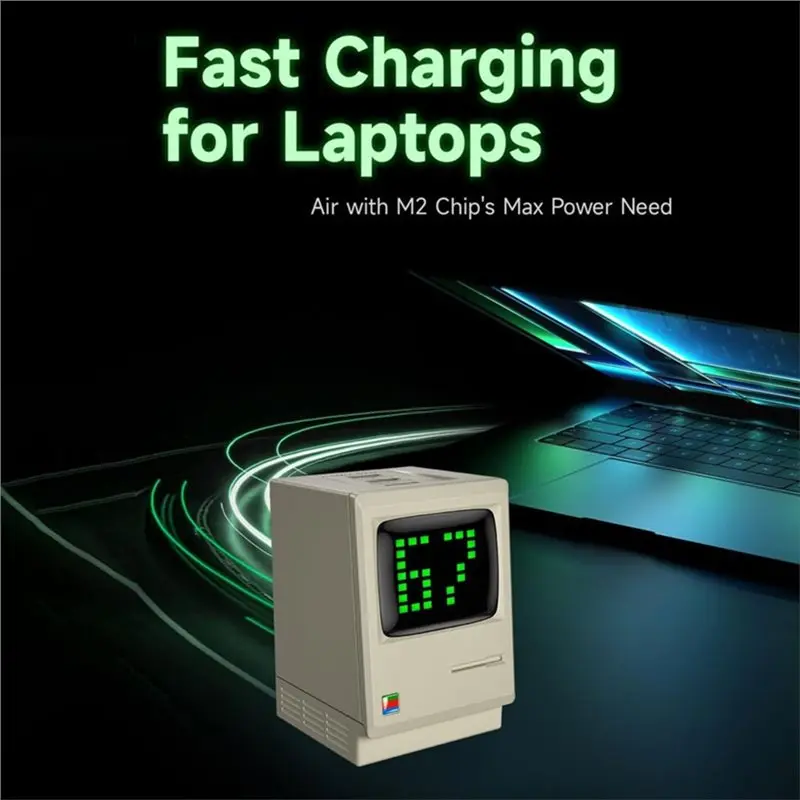 Фото Быстрое зарядное устройство 67W Retro Gan с цифровым дисплеем и 3 портами USB-C для планшетов и смартфонов, вилка стандарта США №5