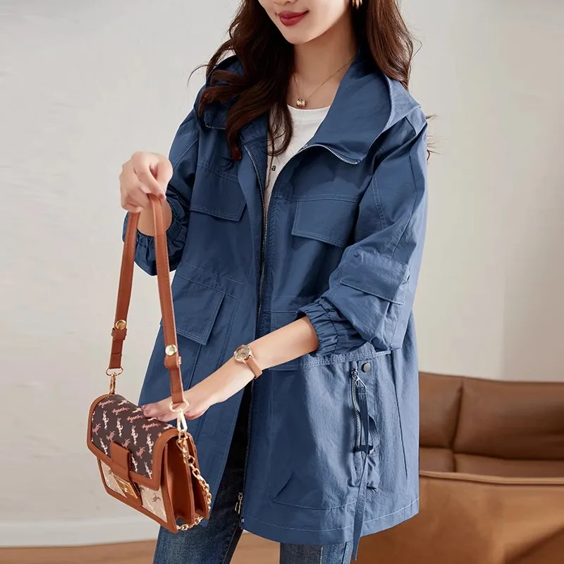 

Workwear Windbreaker Coat Women's Clothing Spring Autumn 2023 New Casual Loose Hooded Trench Coats Female Outerwear BC293