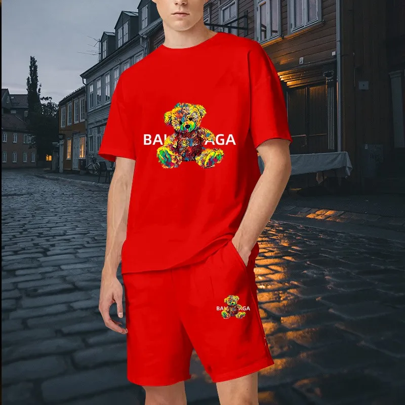 Summer  Luxury Brand Man Sets Tracksuit 2 Piece Sets Pure Cotton T-shirt Painted Graffiti Bear Mens Clothing Fashion Sportswear