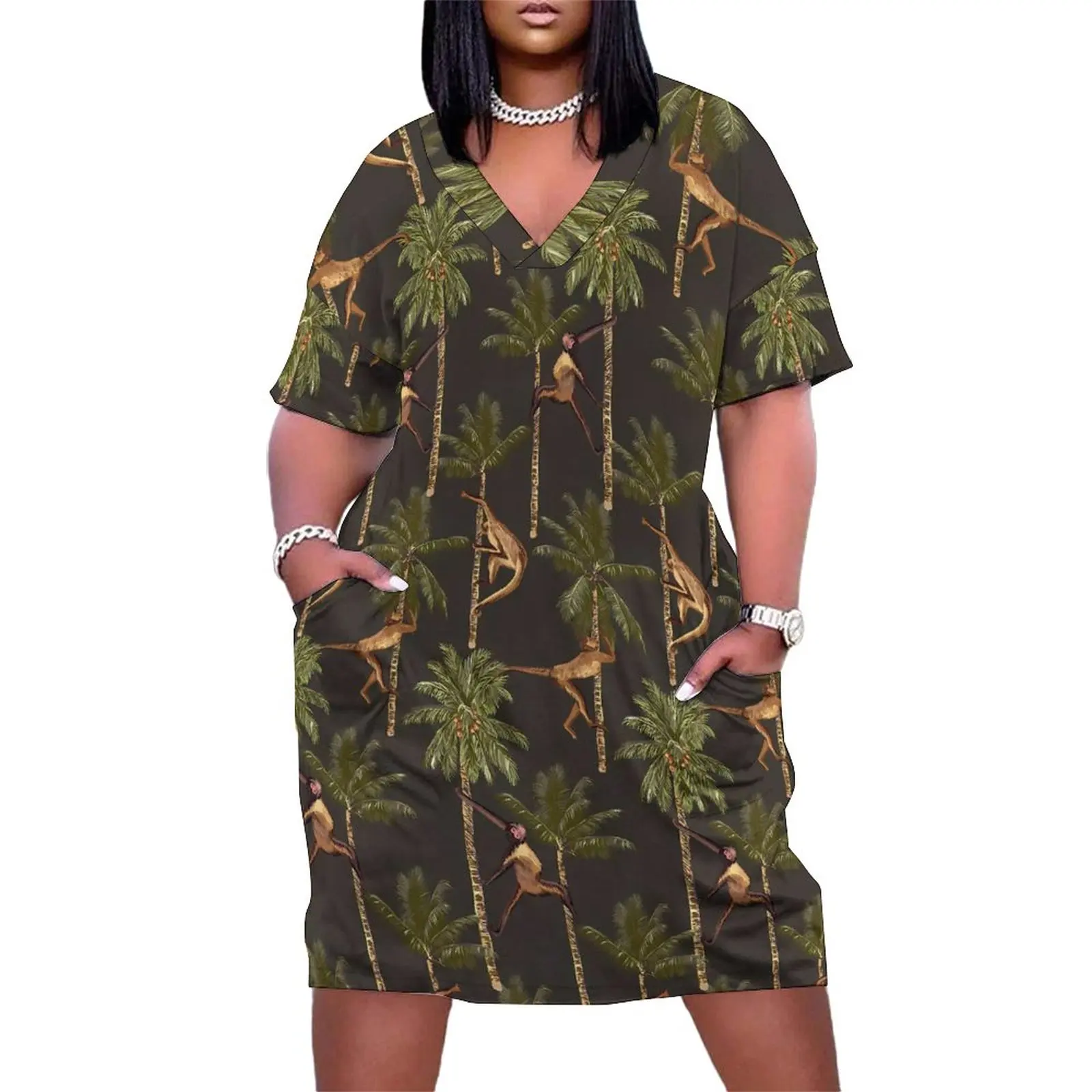 

Monkey Print Dress Womens Palm Trees Street Wear Casual Dress Spring V Neck Elegant Oversized Dresses Gift Idea