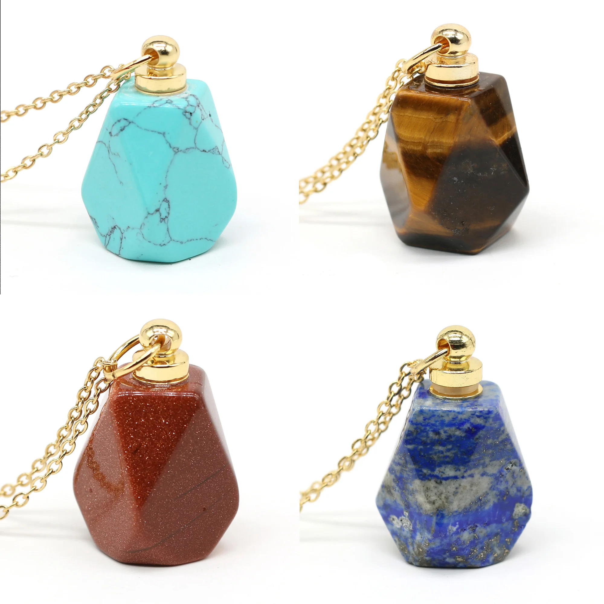 Ожерелье с рассеивателем эфирного масла из натурального камня, полигональный розовый кварц, лазурит, подвеска в виде бутылочки парфюма, изысканный ювелирный подарок