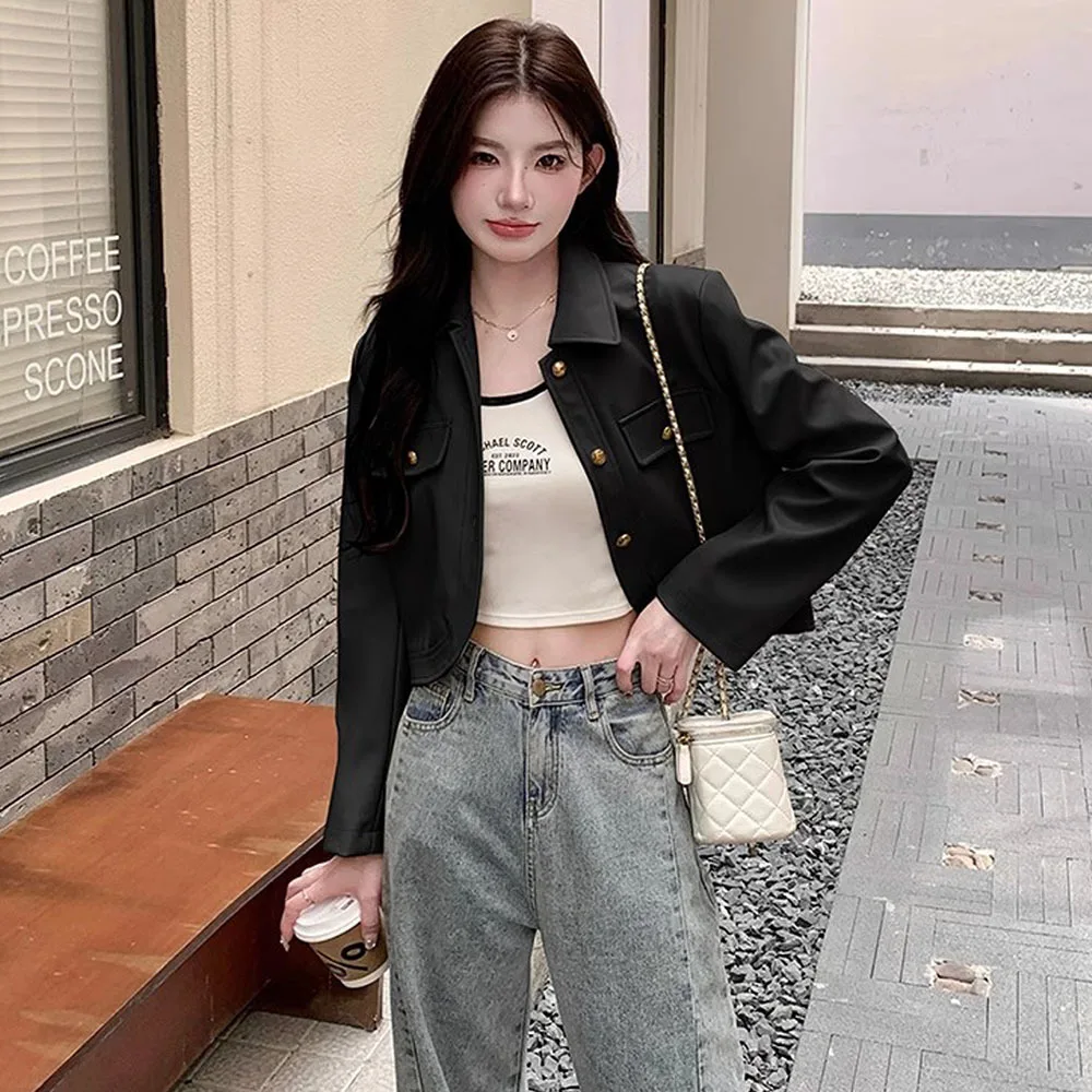 Корейский Элегантный женский жакет из искусственной кожи черный укороченный Топ