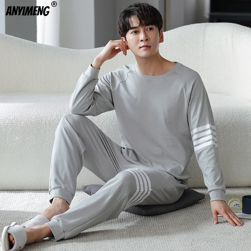 

5xl 6xl Plus Size Bi Pajamas Set Fat Man Lon Sleeved Pullover Sporty ome Suits Knitted Cotton Sleepwear Fater's Pyjama omme