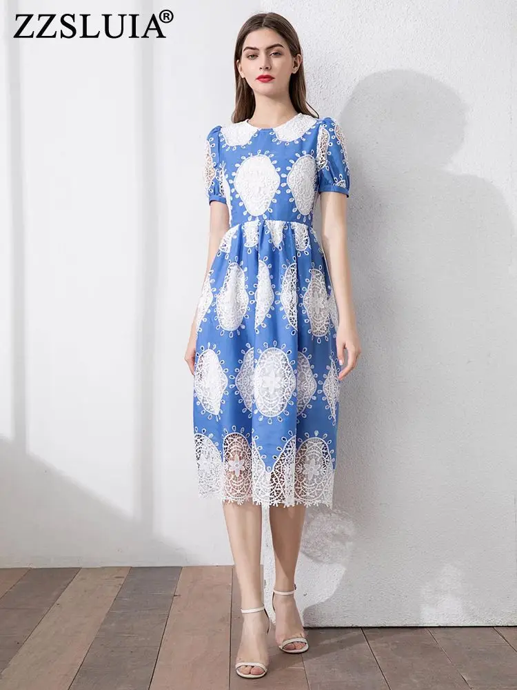 

ZZSLUIA Elegant Dresses For Women Embroidery Hollow Out Designer Slim Midi Dress Fashion Puff Sleeve Summer Dresses Female Cloth