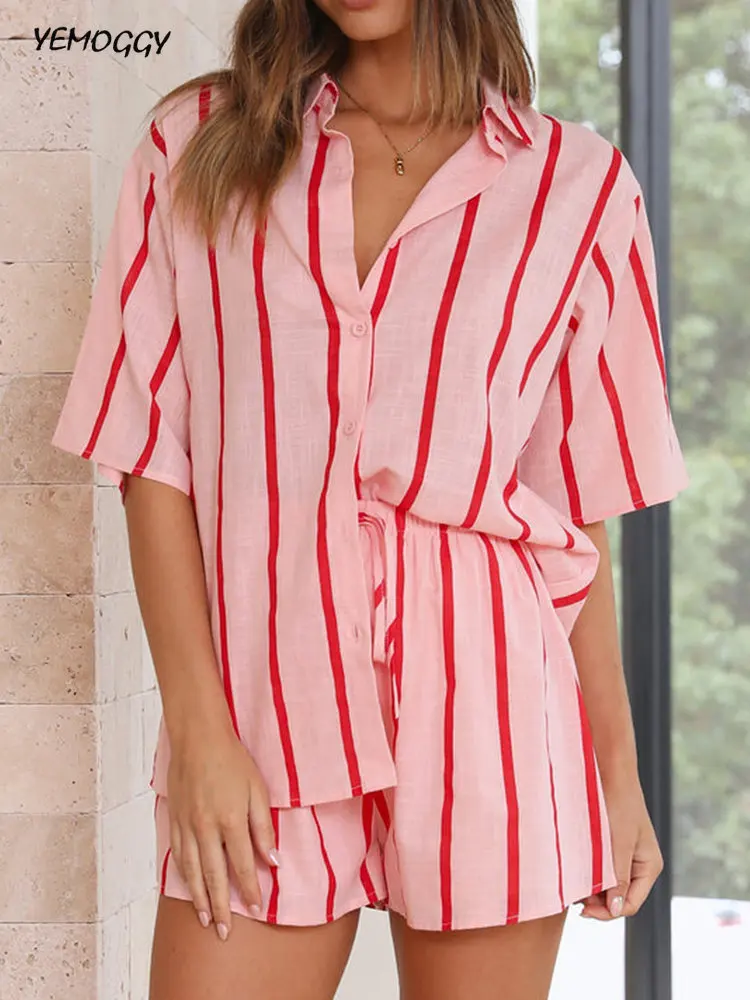 

Fashion Loose Print Shorts Sets Women Shirt Long Sleeve Tops Summer Shorts Commuter Suit Women Casual White Two Piece Sets Women