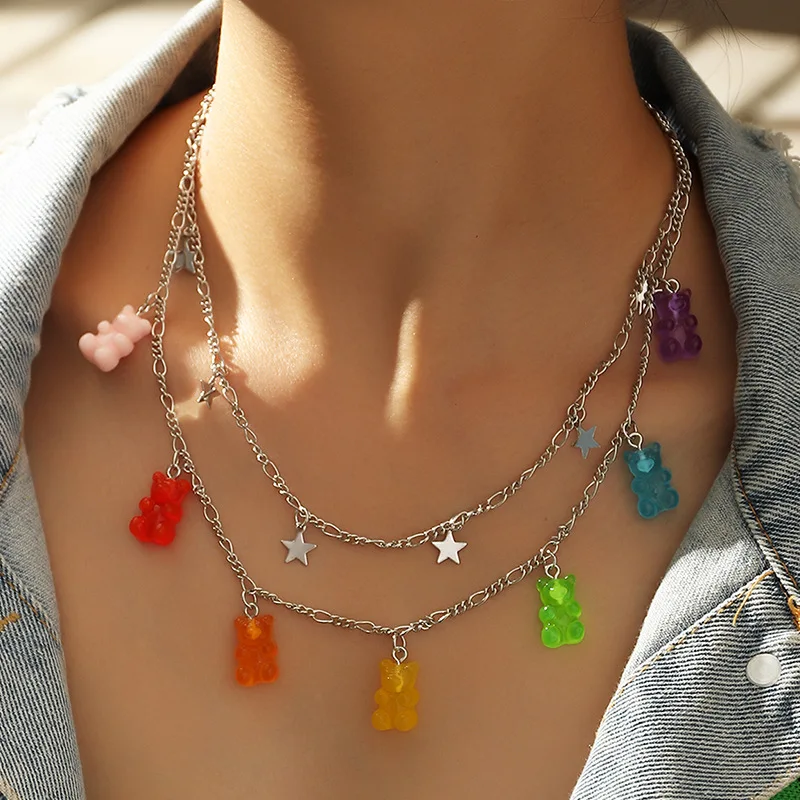 

Sweet Colored Mini Bear Double Layer Necklace Ladies Star Pendant Choker Necklace Gift Jewelry Women Jewelry
