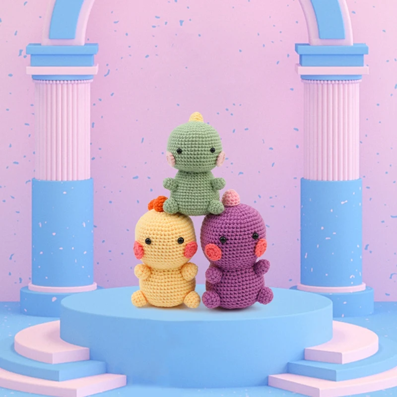 

3Pcs DIY Crochet Dinosaur Kit With Hand Knitting Yarn Needles Plush Doll Easy(Yellow,Green,Purple) Easy To Use