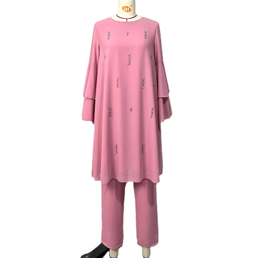 Muslim Sets Diamond Ruffle Sleeves Southeast Asian Baju Kurung Ensembles Musulmans Modest Two Piece Women Abaya