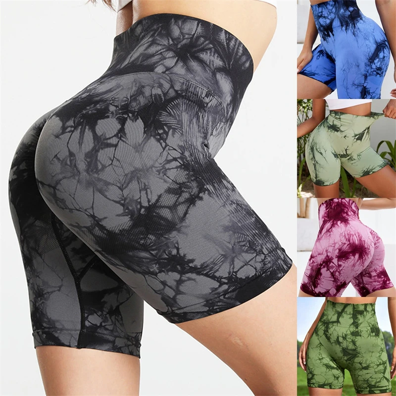 

Seamless Tie Dye Style High Waist Quick Dried Fitness Triple Pants Honey Peach Hip Lift Yoga Sports Tight Shorts