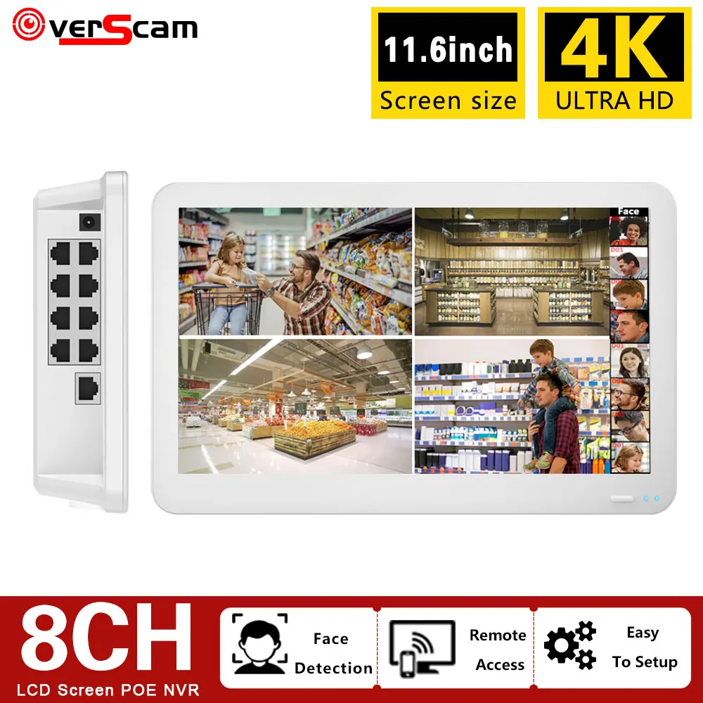 

11.6" Display 4K 8CH POE NVR 8MP CCTV Security System H.265 Face Detection Network Surveillance Audio Video Recorder XMEYE 4CH