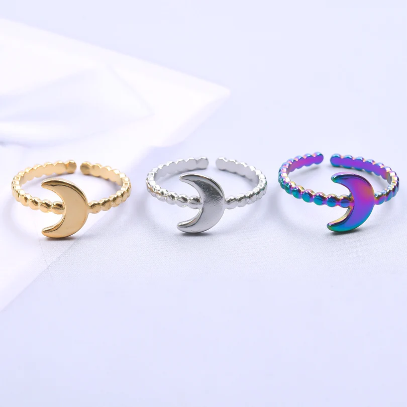 

Stainless Steel New Fashion Simple Silver Color Ring Moon Temperament Open Adjustable for Women Luxury Wedding Party Girl's