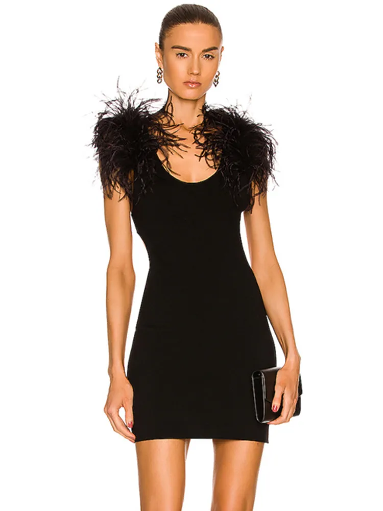 

Women Sexy Designer Black Bandage Dress 2022 Elegant Celebrity Chic Feathers Evening Bodycon Party Dress Vestidos