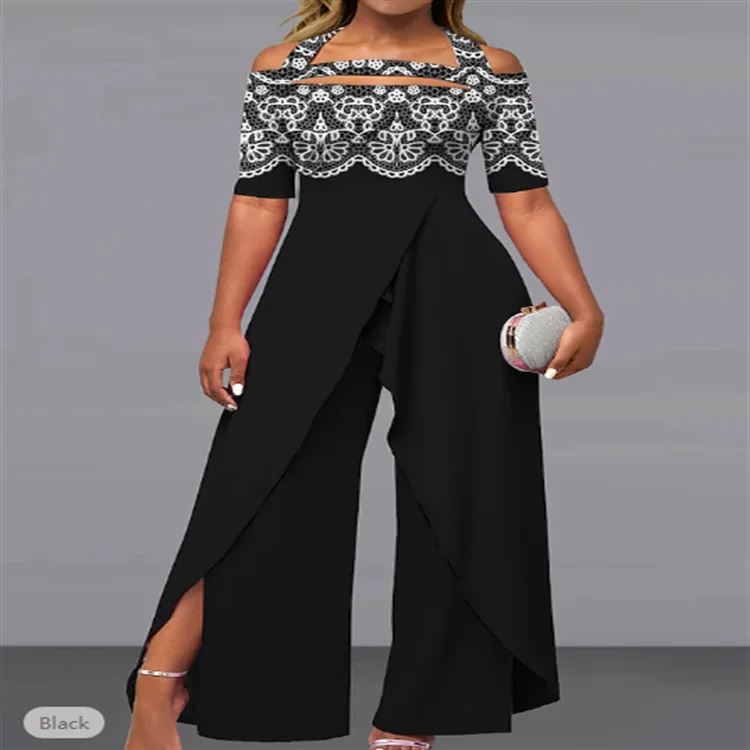 2023 Spring and Summer Women's New Jumpsuit, Sexy Cold Shoulder Print Loose Short-sleeved Women's Wide Leg Jumpsuit