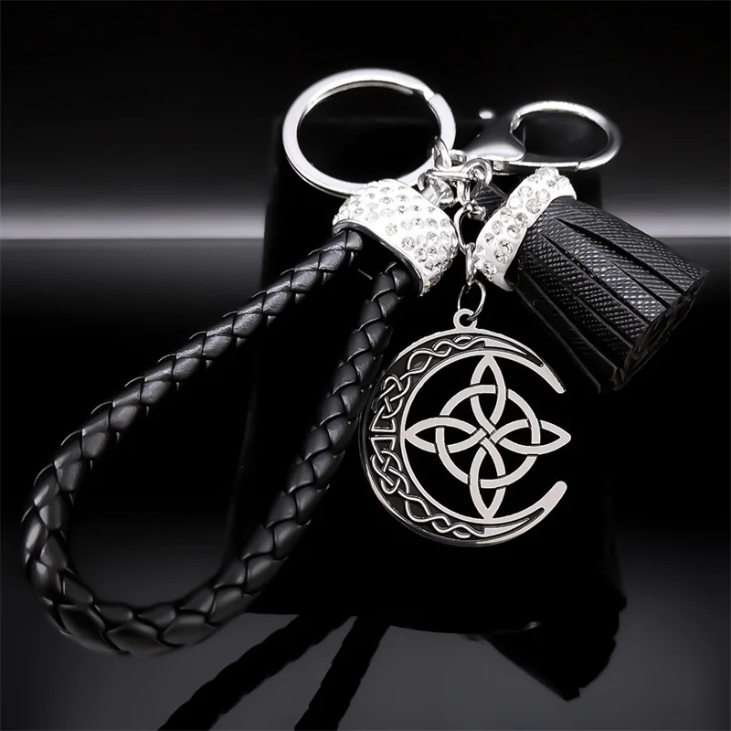 

Wicca Crescent Moon Celtic Knot Stainless Steel Pendant Keychain for Women Men Alloy Pu Leather Keyring Holder Jewelry K8145S01
