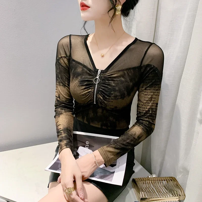 Модная облегающая футболка с круглым вырезом и полой лоскутной сеткой женская