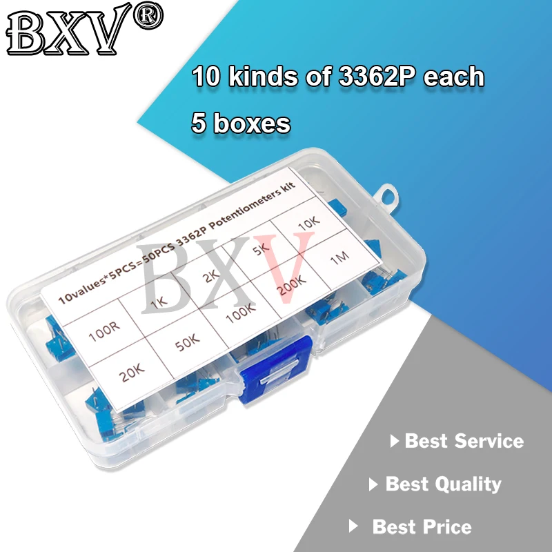 

10Values*5PCS 3362P Multiturn Trimming Potentiometers Kit 500R-1M 3362 Potentiometer 500 Ohm-1M Ohm 50PCS/Set