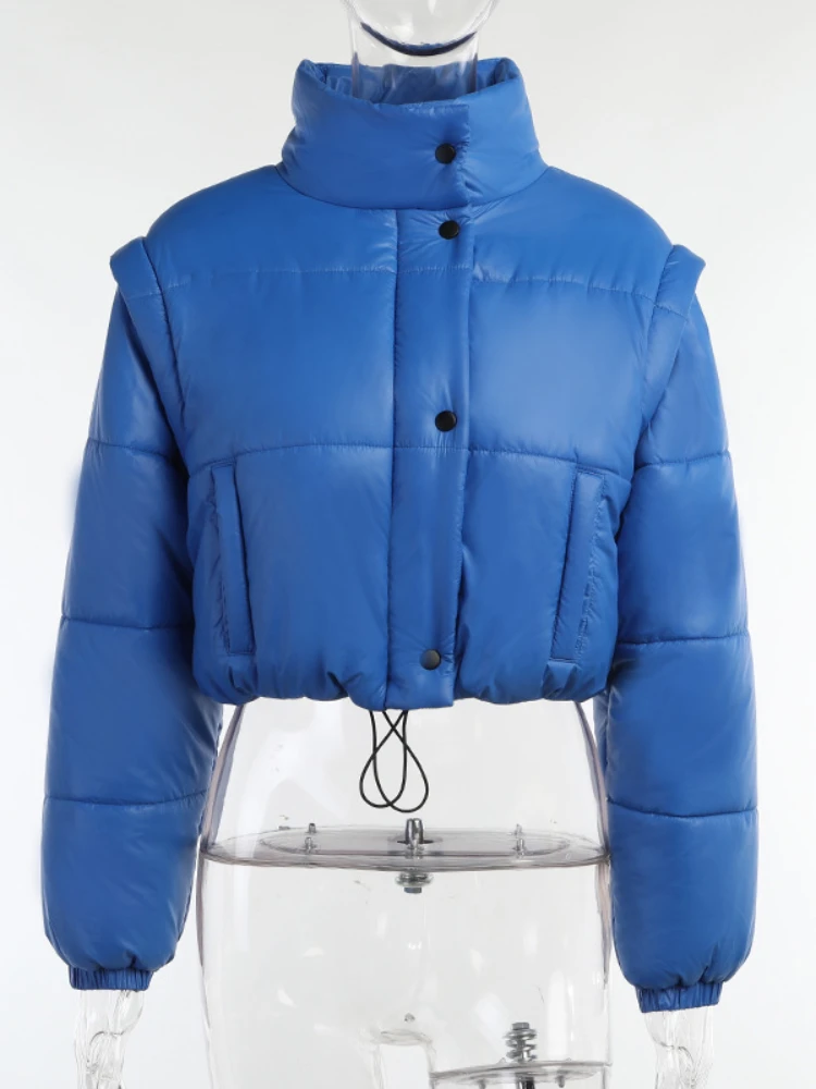 Fashion Oversized Blue Bubble Short Coat Women 2022 Winter Cotton-padded Black Parkas Two Wear Detachable Sleeves Jackets