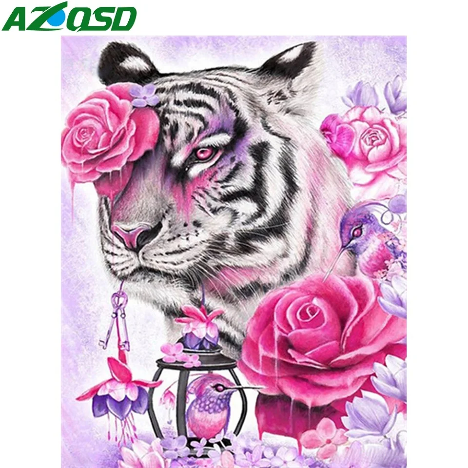 

AZQSD Animal Coloring By Numbers Tiger Flower 40x50cm Framed Acylic Home Wall Art Oil Painting Drawing On Canvas Rose Gift
