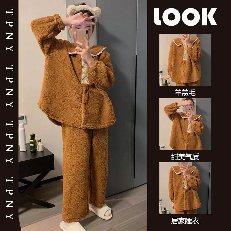 Девочьи милые кружевные пижамы из кораллового флиса женские зимние стильные