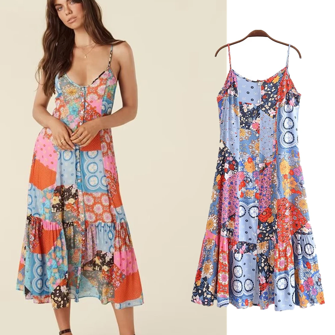 

Dave&Di Bohemian Indie Folk Contrast Print Slip Dress Sexy Cotton Beach Patchwork Summer Dress Women