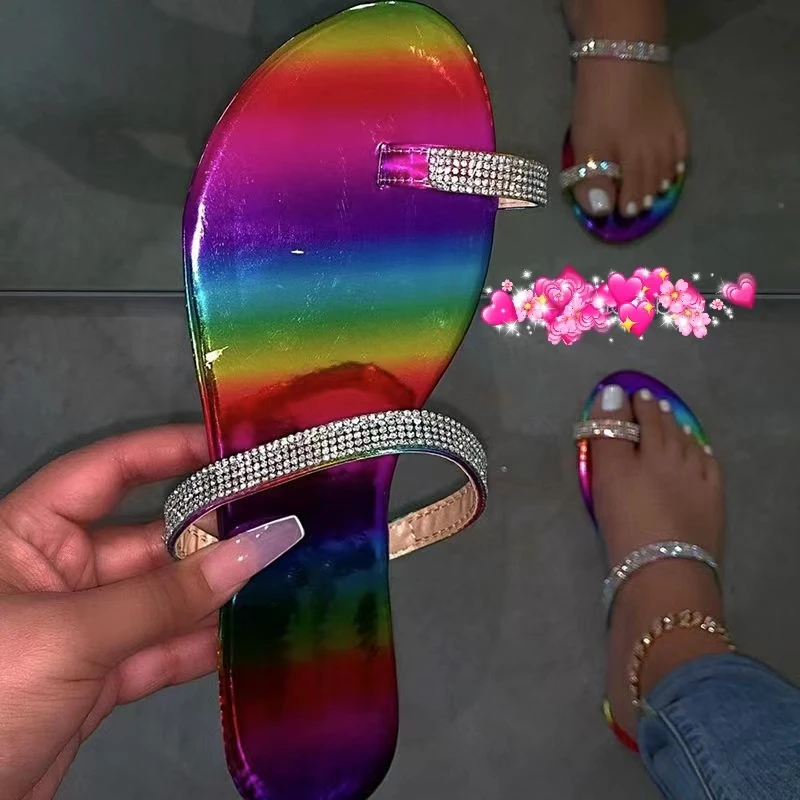 Summer Casual Beach Flats Shoes Flip Flops Women Slippers Slip On Slides Rainbow Rhinestones Fashion Slippers Sandals Woman Shoe