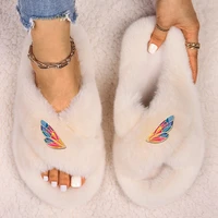 slippers women fluffy slides colorful wings decor luxury designer sandals ladies faux fur flip flops flat slippers furry shoes