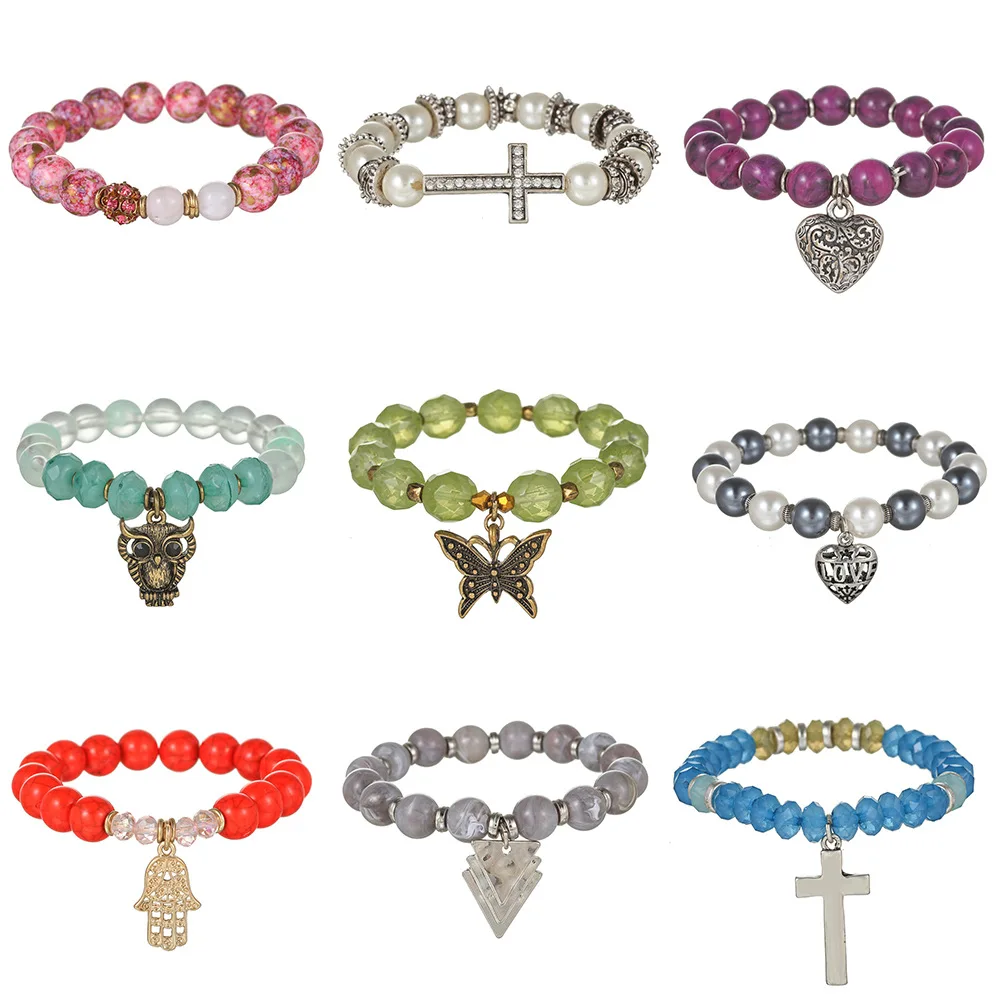 

Newest Chain Tassel Stone Beads Bracelet For Women Heart Buddha Fatima Owl Butterfly Cross Bracelet For New Year Gift Jewelry