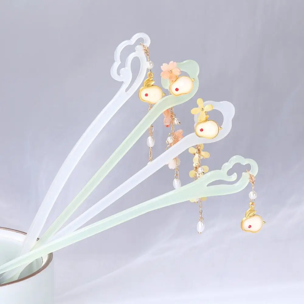 

Китайская Винтажная заколка из ацетата кролика, Элегантные цветы, жемчуг, вилка для волос с кисточками для женщин и девушек, головной убор ...