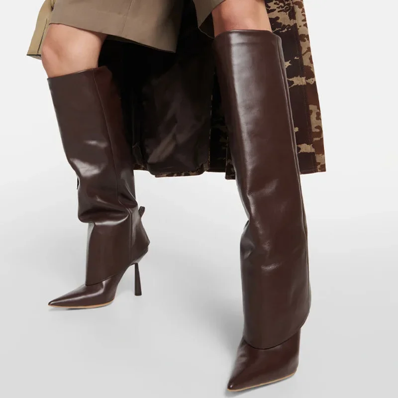Прямые свободные брючные сапоги с высокой трубкой женские до колена острым
