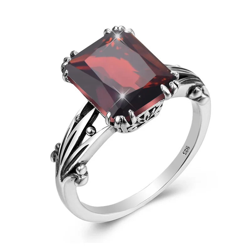 

Vintage Garnet Rings For Women 925 Sterling Silver Square Gemstone Ring Anniversary Wedding Engagement Jewelry Wife Gift